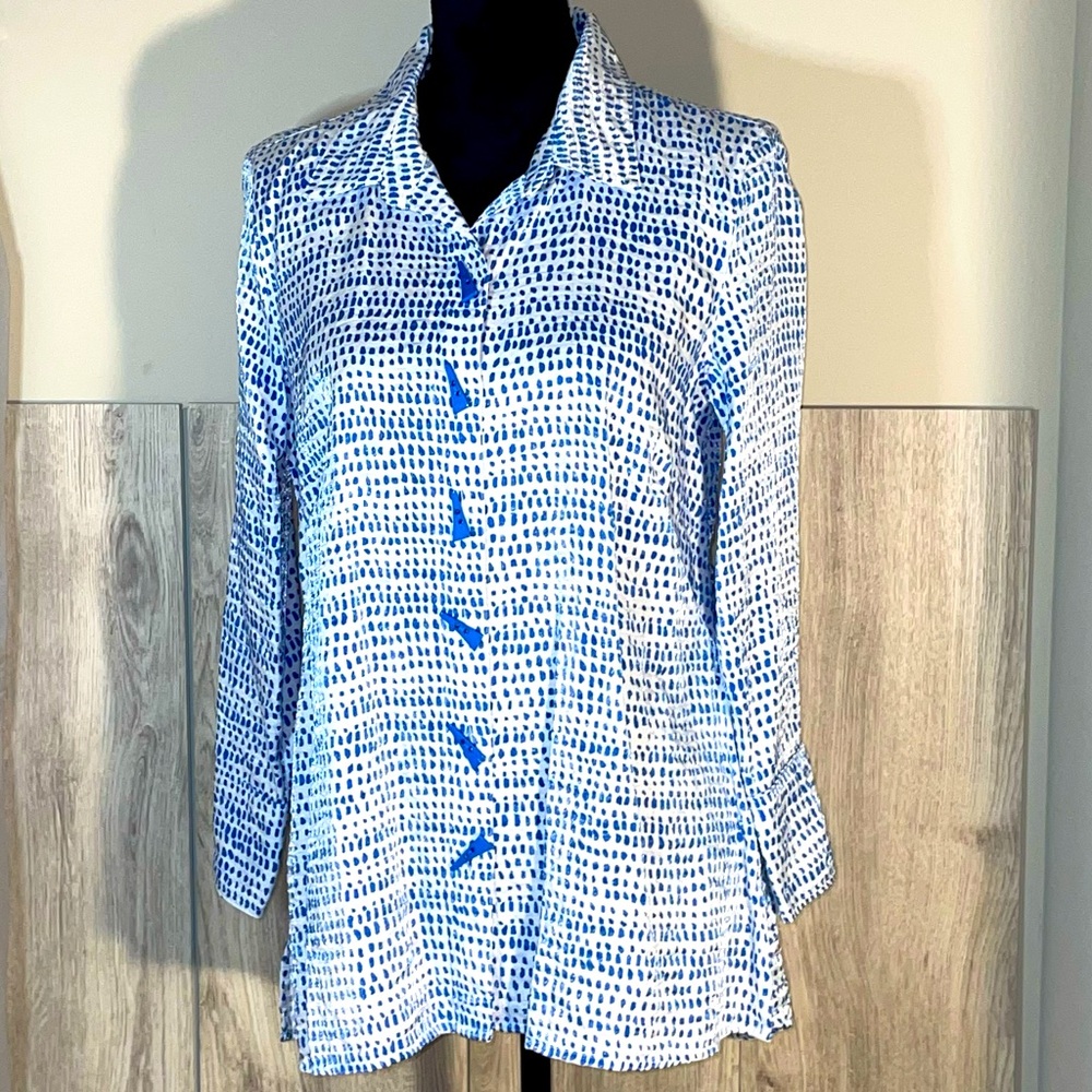 Multiples Blue & White Shimmer Woven Print Point Collar 3/4 Slv Btn Front Shirt
